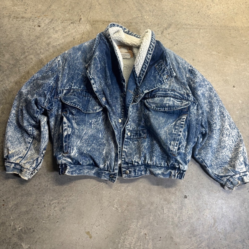 VTG Men's Coda Acid Wash Denim Trucker Bomber Sherpa Lined Jacket S/M  Retro Y2k